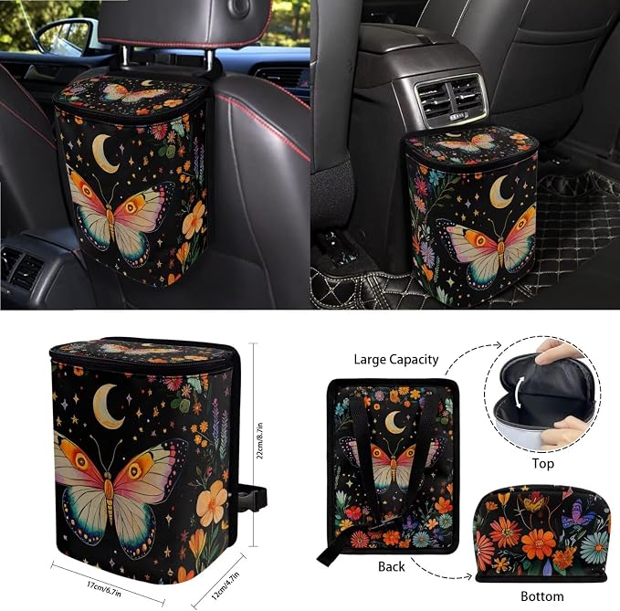 Flower Butterfly Moon Car Seat Cover Full Set 15 PCS, with Steering Wheel Cover Seat Belt Pad Garbage Bag Air Vent Bag Rearview Mirror Cover Coaster Key Chain Universal Fit for SUV
