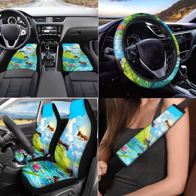 Cute Ant Print 17pcs Car Seat Covers Set Steering Cover Seat Belt Pad Carpet Floor Mat Pads Gift for Women Men 7