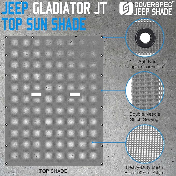 JT Top Sun Shade Roof Compatible with Jeep Gladiator 4 Door 2018 to 2023 Sunshade Sunroof Bikini Cover Blocks UV Wind Noise Gray Mesh for Full Length