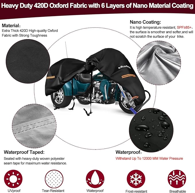 Trike Motorcycle Cover, Waterproof Outdoor Storage Cover for 3-Wheel Motorcycles, Heavy Duty 420D Oxford Fabric Shelter with Zipper for Antenna, Rain Snow Protection