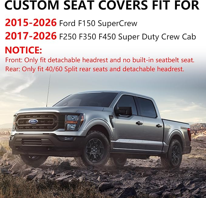 Truckiipa Leather F150 Seat Covers Front Seat Cover Truck Seat Cushion Protector Custom Fit for 2015-2026 Ford F150 SuperCrew, 2017-2026 F250 F350 F450 Super Duty Crew Cab, Front Pair, Black