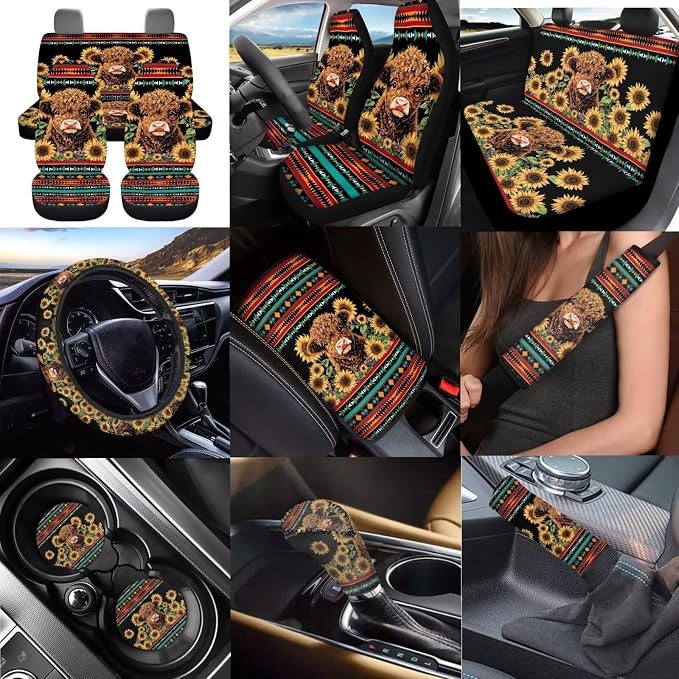 Dreaweet Car Seat Covers Full Set with Steering Wheel Cover/Armrest Cover/Seatbelt Covers/Cup Coasters/Gear Shift Cover/Handbrake Cover,12 Pcs Aztec Highland Cow Sunflower Car Accessories Deocr