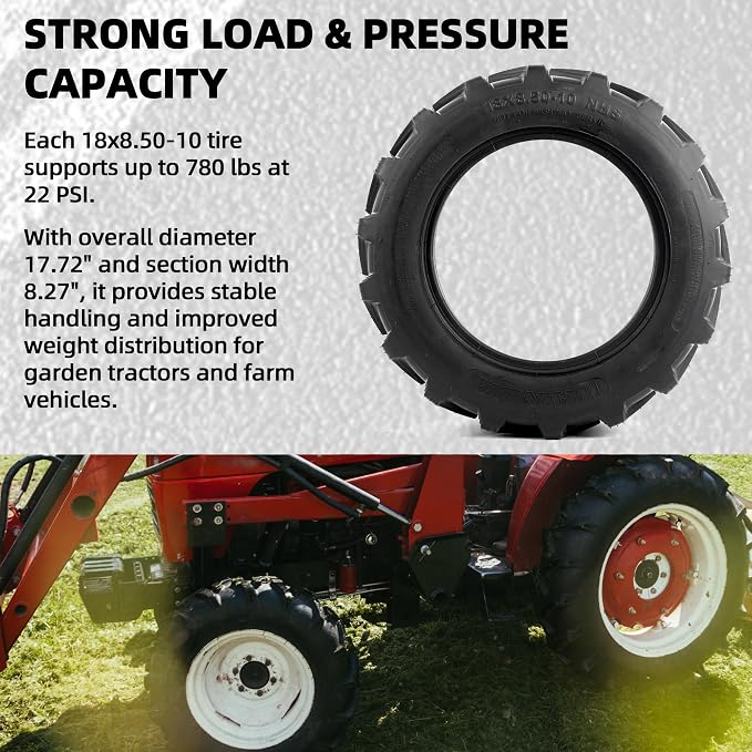 AR-PRO (2-Pack) 18x8.50-10 Garden Tractor Tubeless Tire, Heavy Duty 4-Ply Farm & Lawn Tractor Tire, 780lbs Capacity