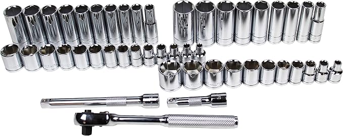 K Tool International 22047 Socket Set with 3/8" Drive for Garages, Repair Shops and DIY, Metric, SAE, 6-Point, Heat-Treated, Chrome Vanadium Steel, Molded Case, Pro-Ratchet, (2) Extensions, 47 Piece