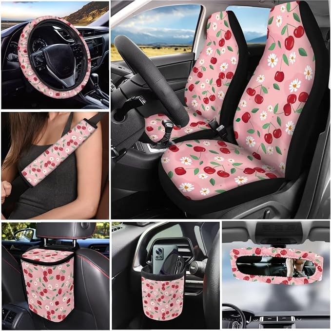 Dreaweet Pink Car Seat Covers Full Set for Women Cute Cherry Car Accessories with Steering Wheel Cover Seatbelt Covers Car Coasters Trash Bag Air Vent Storage Bag Rearview Mirror Cover Keychain,15 Pcs