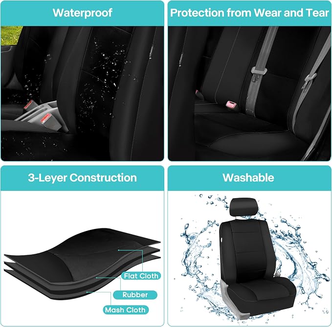 FH Group Car Seat Covers Full Set Neoprene - Universal Fit, Automotive Low Back Front Seat Covers, Airbag Compatible, Split Bench Rear Seat, Washable Seat Cover for SUV, Sedan Black