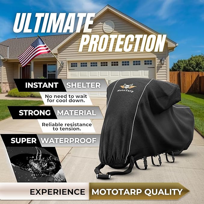 600D Heavy Duty Motorcycle Cover Waterproof Outdoor Storage All-Season Weatherproof Protection with Wheel Lock Slots, Exhaust Heat Shield, Reflective Strips and License Plate Window