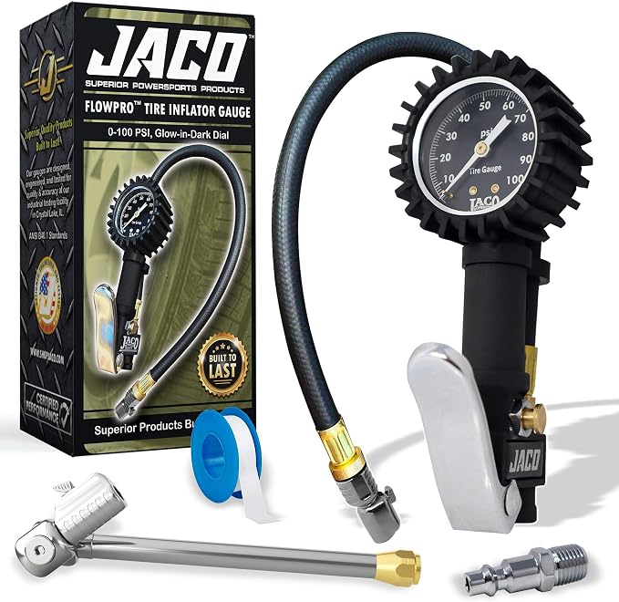 JACO Superior Products FlowPro Tire Inflator Gauge (100 PSI) with Dually Lightning T-Series Air Chuck (Bundle Kit)