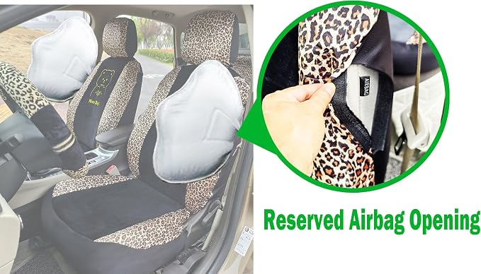 Cute Cat Leopard Print Car Seat Covers For Women, Universal Full Set (Cat) | Lovely Embroidered Cartoon Design For Daily Driving, Universal Fit For Most Cars, Soft Short Flannel With Stretch Backing