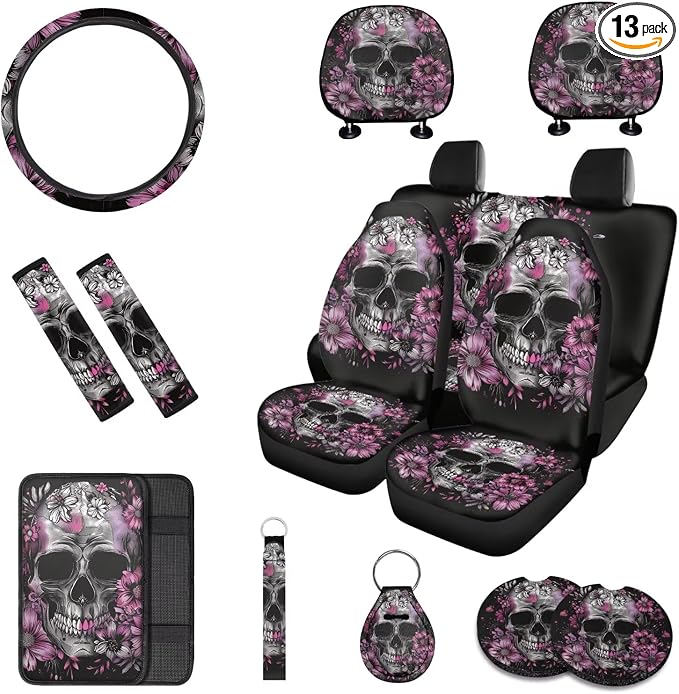 Silver Skull Pattern Auto Seat Cover Set of 13, Purple Flowers Car Front & Back Seat Cover with Steering Wheel Cover, Seat Belt Covers Cup Holder Keychain, Fit for Most Cars SUV