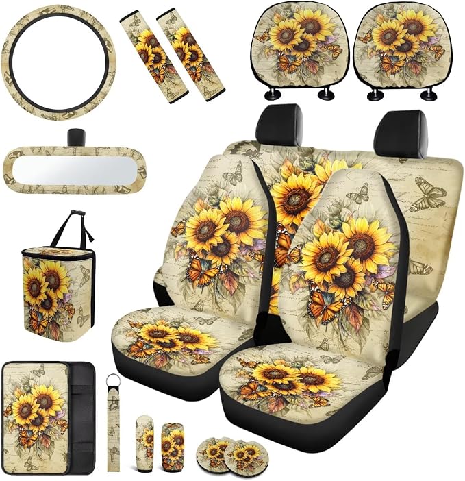 Sunflowers Car Seat Covers Full Set with Backseat Trash Can Steering Wheel Cover Retro Sunflowers Auto Aaccessories Sets Universal Car Seat Covers Full Set for Front and Rear,Universal Fit