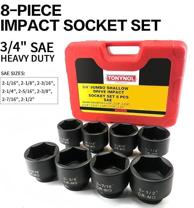 TONYNOL 3/4 Inch Drive Impact Jumbo Socket Set,6-Point,SAE(2-1/16" to 2-1/2"),8 Pcs,Cr-MO Steel,With a Storage Case