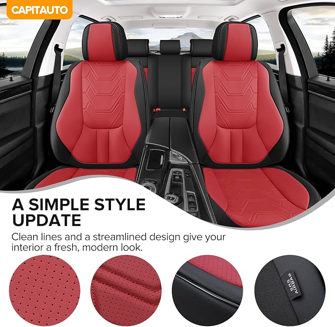 CAPITAUTO Car Seat Covers Full Set, Seat Covers for Car with Lumbar Support, Faux Leather Waterproof Seat Covers 5 Seats, Breathable Automotive Seat Covers Fit for Most Cars SUV Truck (Red & Black)