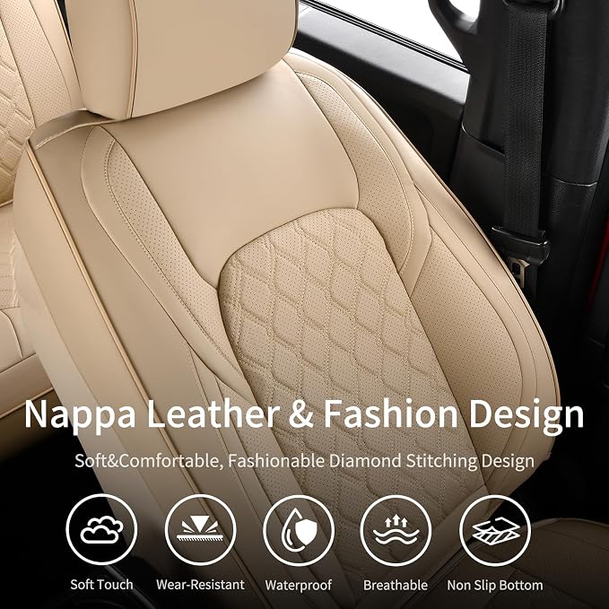 Huidasource F250 Front Seat Covers, 360° Full Coverage Leather Car Seat Protector Fit for Ford F150 2015-2026&F250 F350 F450 2017-2026 All Cab XL XLT Lariat King Ranch Platinum (Front Pair/Beige)