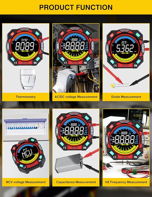 Portable Digital Multimeter Tester 6000 Counts VA Display Auto-Ranging Multifunction Voltage Current Meter Measures AC/DC Volt/Current, Resistance, Capacitance, Temperature,Live Wire Detector
