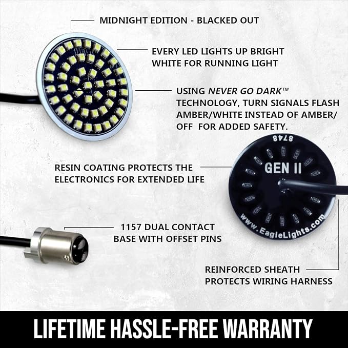 Eagle Lights Generation II Midnight Edition Front 2 Inch LED Turn Signals with White Running Lights Compatible with Harley Davidson Motorcycles - Includes Clear Lenses / 1157 Base