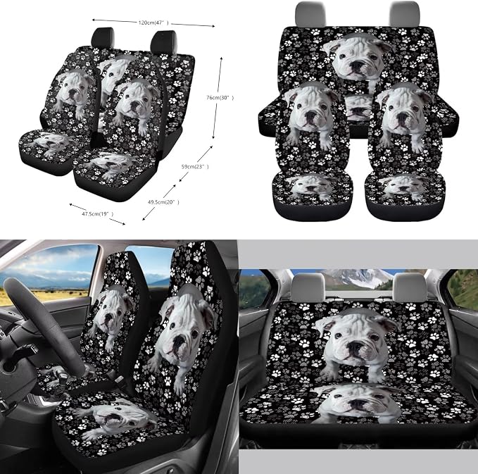 Bulldog Dog Paw Print Car Accessories Sets 10 Pack Car Seat Covers Car Trash Can Steering Wheel Cover Auto Air Vent Storage Bag Coasters Keychain Universal Fit for SUV Van Truck