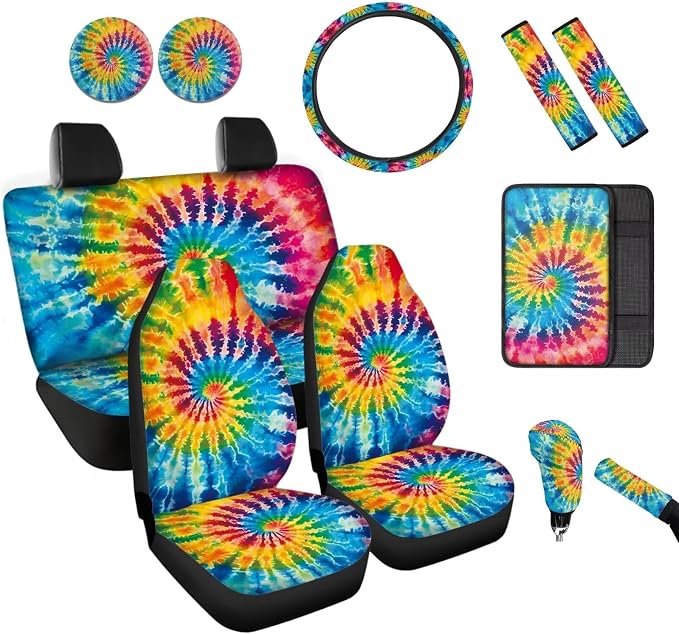 BIGCARJOB 12 Pack Tie Dye Print Car Seat Cover Set for Front and Rear,Hippie Tie Dye Print Car Interior Accessories Full Set Seat Belt Cover,Armrest Pads,Cup Holder Coaster