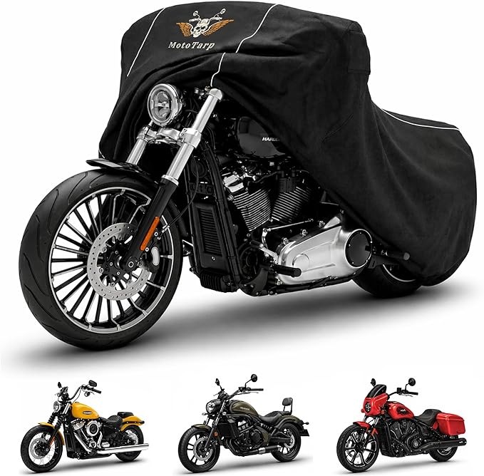 600D Heavy Duty Motorcycle Cover Waterproof Outdoor Storage All-Season Weatherproof Protection with Air Vents, Exhaust Heat Shield, Wheel Lock Slots & Reflective Strips (Black, 2XL 96X41X55)