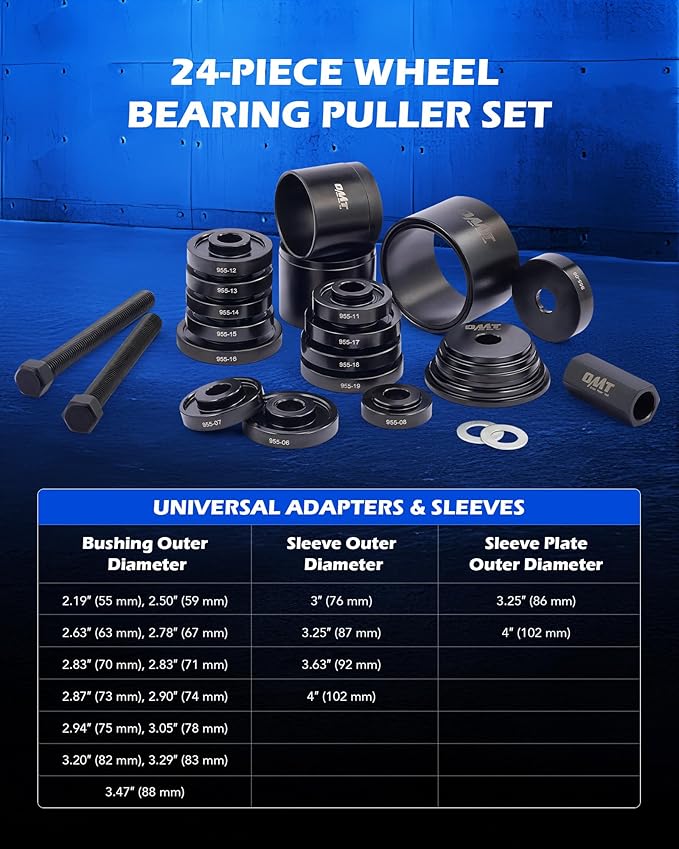 Orion Motor Tech Wheel Bearing Press Kit for Front Wheel Drive Bearing Removal & Installation, 24pc Wheel Bearing Puller Tool Set with Sliding Screws Universal Bushings Sleeves Storage Case