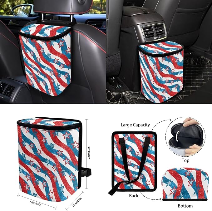Red and Blue Stripe Stars Auto Interior Accessories Car Seat Covers with Auto Steering Wheel Cover Seat Belt Covers Car Trash Can View Mirror Cover Coaster Keychains