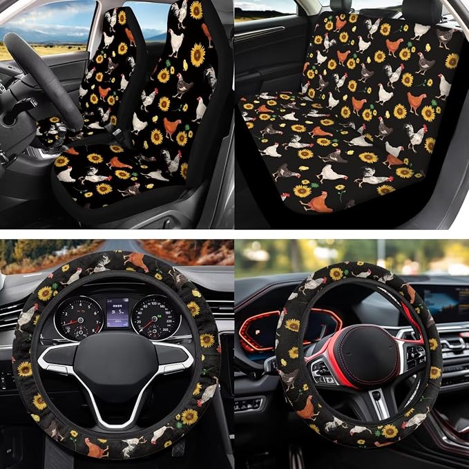 Cute Chicken Car Seat Covers Set 12 Pack with Steering Wheel Cover Auto Seat Belt Cover Cup Coasters Center Console Cover Car Accessories Universal Fit for Most Cars,SUVs