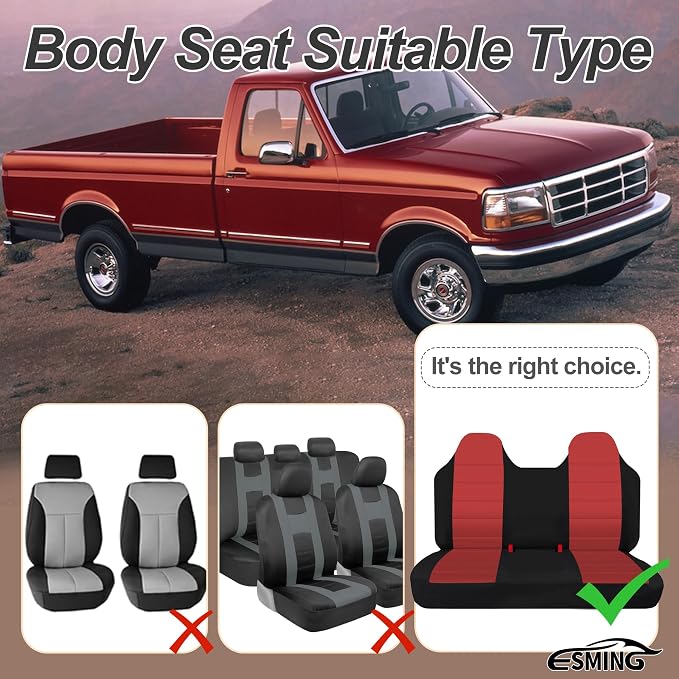 ESMING Front Bench Seat Cover with Molded Headrests for Ford F150 F250 F350 1992 1993 1994 1995 1996 1997 1998 Heavy-Duty Oxford Fabric No Center Armrest Washable Truck Seat Protector - Red