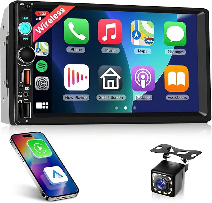 Upgraded Double Din Car Stereo with Wireless Carplay Android Auto, 7 Inch IPS Touch Screen Radio with Bluetooth 5.0, Mirror Link,FM, SWC, Dual USB Port+Type-C Charging +HD Backup Camera