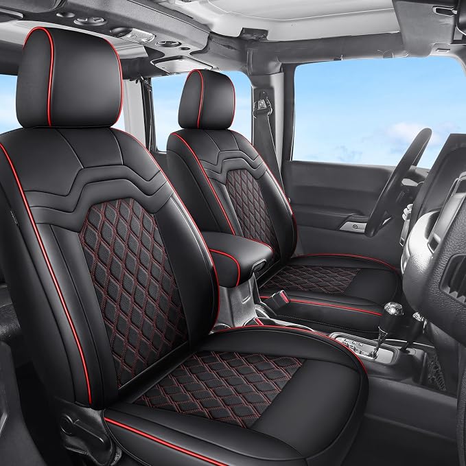 Huidasource Fit for Silverado Front Seat Covers, Sierra Front Seat Covers 1500 2007-2026, 2500HD 3500HD 2015-2026 Crew Double Extended Cab, Nappa Leather Heavy Duty Truck Front Seat Cover, Black&Red
