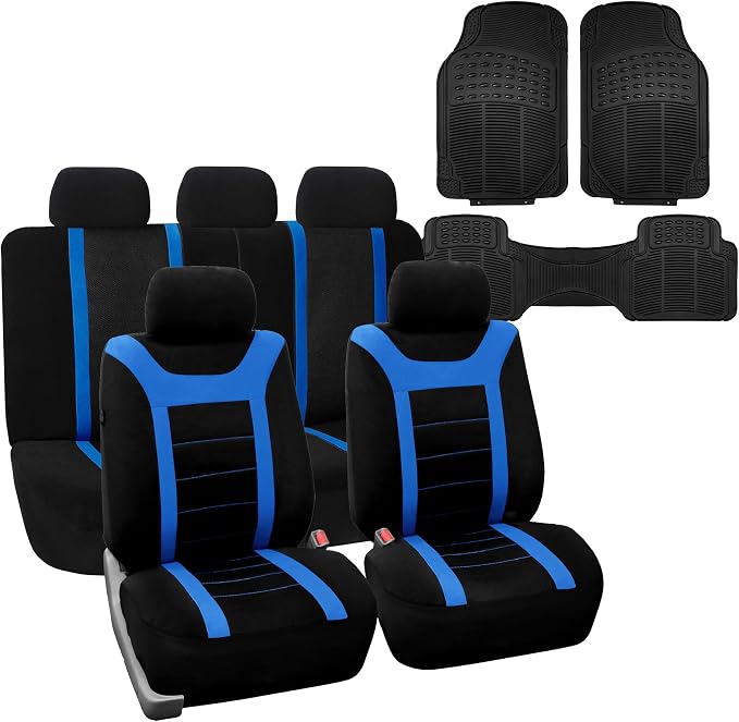 FH Group Car Seat Covers Universal Fit Full Set Interior Accessories, Sports Blue Seat Covers with Airbag and Split Rear Automotive Combo Vinyl Floor Mats Seat Covers for Cars Vans Trucks and SUV