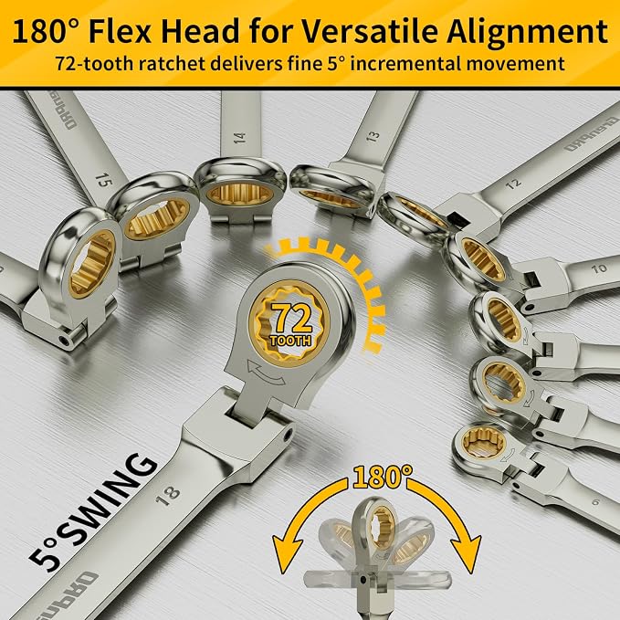 GRENPRO 23PCS Flex-Head Ratcheting Wrench Set, Combination Ratchet Wrenches Set Metric and Standard & SAE with Organizer Box, 6-18mm & 1/4" to 3/4" with Color Ring, Nickel Plating Socket Mechanic Tool