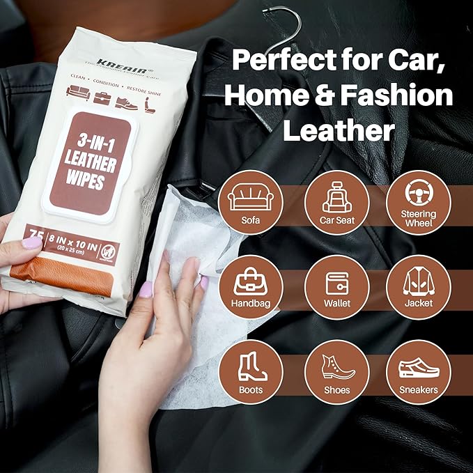 3in1 Leather Wipes 75 XL Count, Clean, Condition & Restore Shine, Extra-Large 8"x10" Wipes for Car Seats, Shoes, Furniture & Bags, Thick, Durable & Non-Linting, Safe for All Leather Types