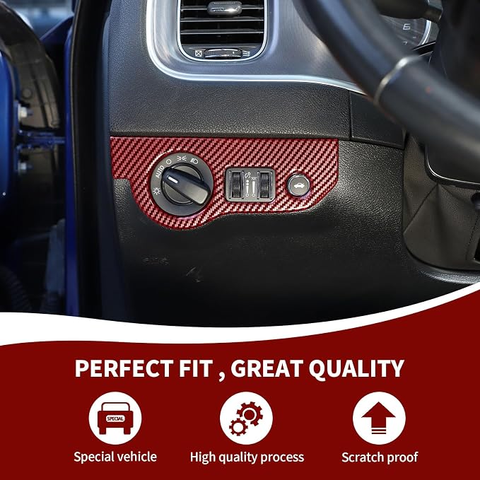 RAZPOY 5PCS Red Carbon Fiber Interior Trim Kit Compatible with 2015-2023 Dodge Charger Accessories, Gear Shift Cup Holder Cover Headlight Switch Air Conditioning Panel Trim