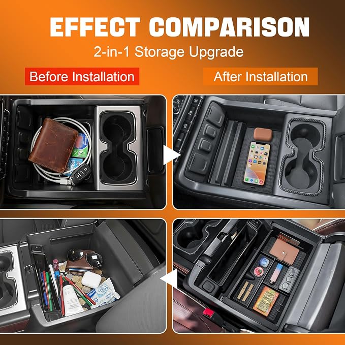 Center Console Organizer Set Compatible with GMC Sierra 1500/Chevy Silverado 1500 2014-2018, Sierra/Silverado 2500/3500 HD 15-19,Full Center Console Organizer + Secret Compartment Cover + Console Inse