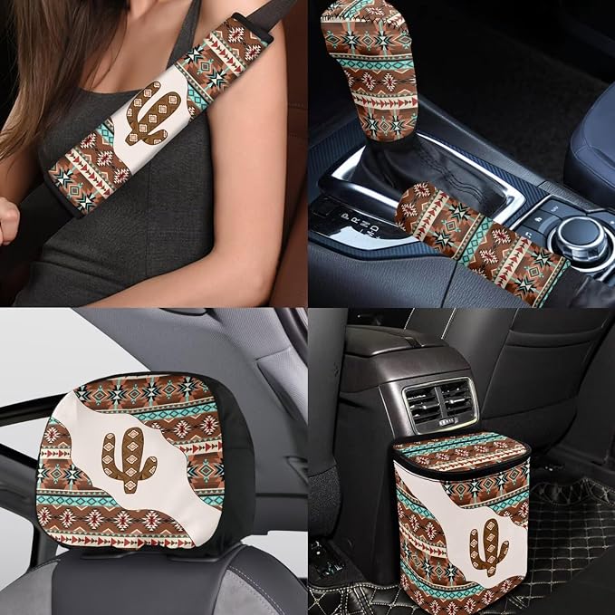 BIGCARJOB Southwestern Cactus Print Car Interior Accessories Set 15 Pieces Aztec Tribal Car Seat Cover Full Set with Steering Wheel Cover Car Trash Can Hanging Seat Headrest Covers