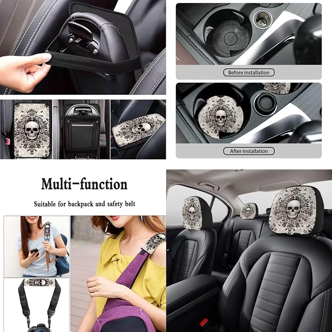 Gothic Skull Print Car Interior Cover Set Includes High Back Seat Covers Steering Wheel Cover Safety Belt Pads Headrest Covers Center Console Pad Cup Cushions Key Chain for Men Women
