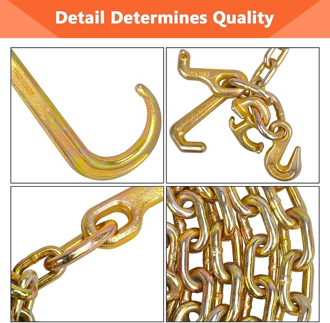 5/16" Grade 70 V-Type Transport Tow Chain 10 Ft w/J-Hooks Long Shank Legs for Flatbed Truck Tie Trailer Tractor Car Wrecker Tow Chain,3700 Lbs Working Load Limit,G70 Steel Towing Chain Bridle