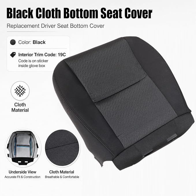 GXARTS Cloth Front Driver Side Bottom Replacement Seat Cover Compatible with Chevy Silverado Avalanche Suburban Tahoe GMC Sierra Yukon 2007 2008 2009 2010 2012 2013 2014 Black #19C