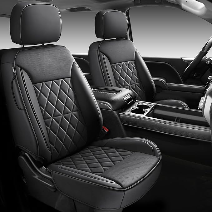 Custom Napa Leather Seat Covers for Chevy Silverado & GMC Sierra Crew Cab, 46-Split Flat Rear Bench Design, Compatible with 2019-2026 1500 and 2020-2026 2500HD 3500HD(Full Set, Black)