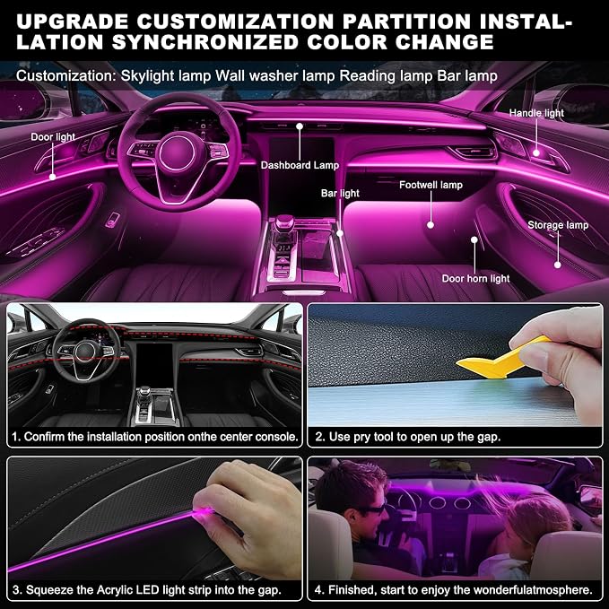 Acrylic Interior Car LED Strip Light with Wireless APP, RGB 10 in 1 with 175 inches 612 LEDs Fiber Optic Car Ambient Lighting Kits, Dynamic Music Sync Neon LED Strip Lights for Car