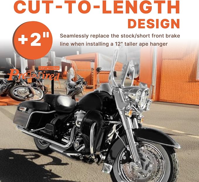 Front Dual Disc Brake Line 12" Handlebars +2" Extension Brake Cable NO ABS for Harley 2014-2023 Touring Road King/Road Glide/Street Glide/Electra Glide Models Stainless Steel Braided, Chrome