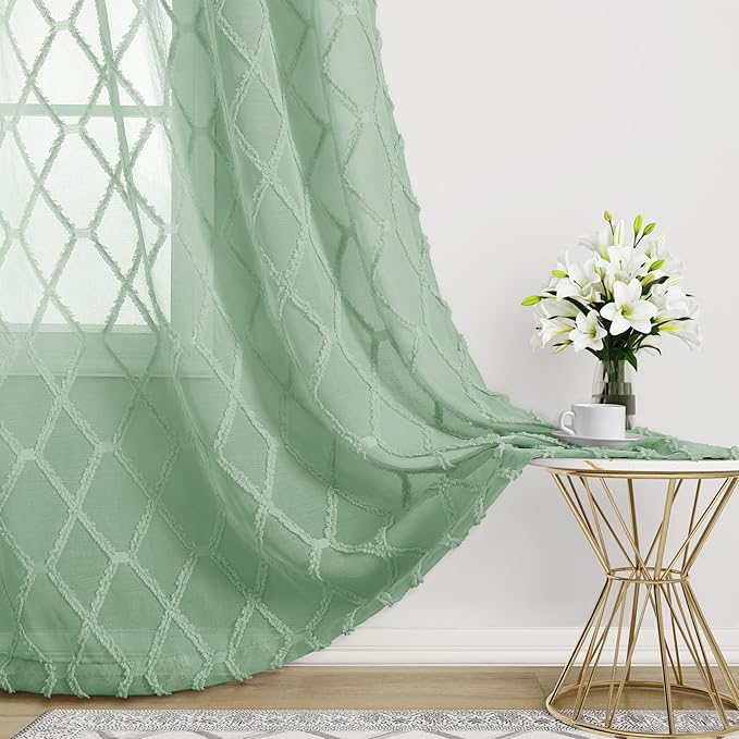 Extra Long Aqua Green Sheer Curtains 120 Inch Length for Living Room 2 Panels Semi Sheer Tuft Pom Textured Back Tab Lightweight Curtain Treatment Privacy Embroiderd Textured Drapes for Bedroom 52x102