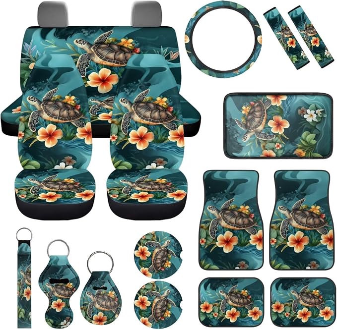Sea Turtle Car Seat Covers Full Set of 17 Pcs,Plumeria Car Accessories with Animal Turtle Car Floor Mats Auto Seat Belt Cover Steering Wheel Cover Automotive Interior Seat Mat Cover for Women
