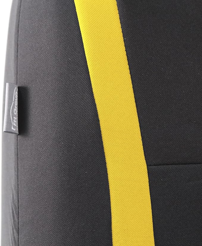 FH Group Automotive Seat Car Covers Unique Flat Cloth Yellow Full Set, Combo Steering Wheel Cover and Seat Belt Pads Rear Solid Bench Universal Fit for Vans Cars Trucks and SUV Interior Accessories