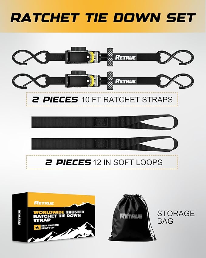 RETRUE Heavy Duty Self-Retracting Ratchet Straps, 10 Feet Retractable Ratchet Tie Down Straps with 1,500lb Break Strength for Trailers, Motorcycles, ATVs, Moving, Cargo Handling & More, Black (2 Pack)