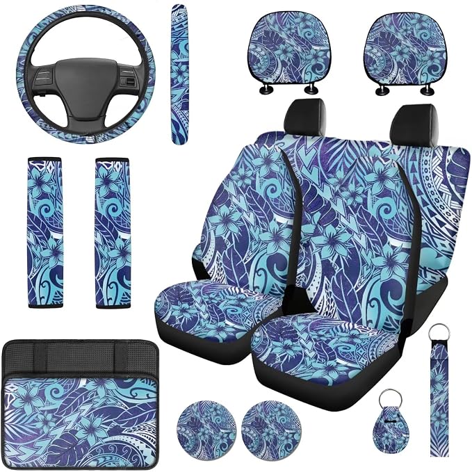 Bulopur Polynesia Frangipani Floral Auto Seat Covers Full Set with Matching Steering Wheel Cover Automotive Center Console Cover Vehicle Seat Belt Cushion Pads Headrest Covers Car Interior Decor