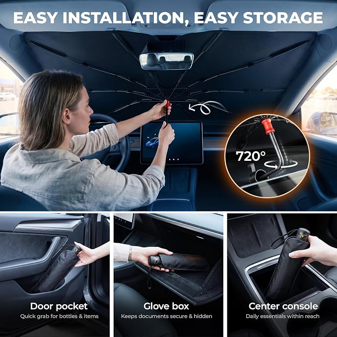 DMJN Umbrella Windshield Sun Shade - Small, Car Sunshade for Front Windshield [Nano Ice-Crystal Coatings] UPF50+ Heat & UV Block, Protect Interior & Keep Cooler Universal for Car, SUV, Truck