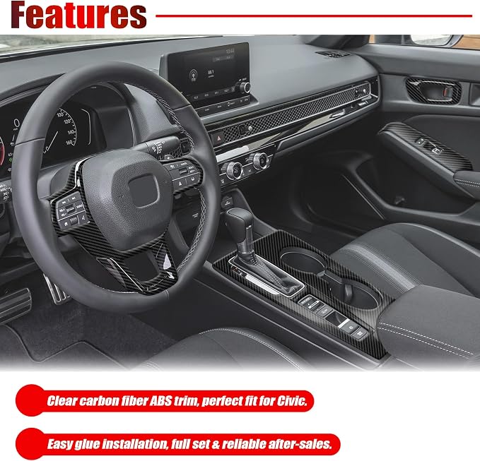 Center Console Moulding Trim for Honda Civic 2022-2026, Steering Wheel Cover Gear Shift Panel Cover (Carbon Fiber Style)