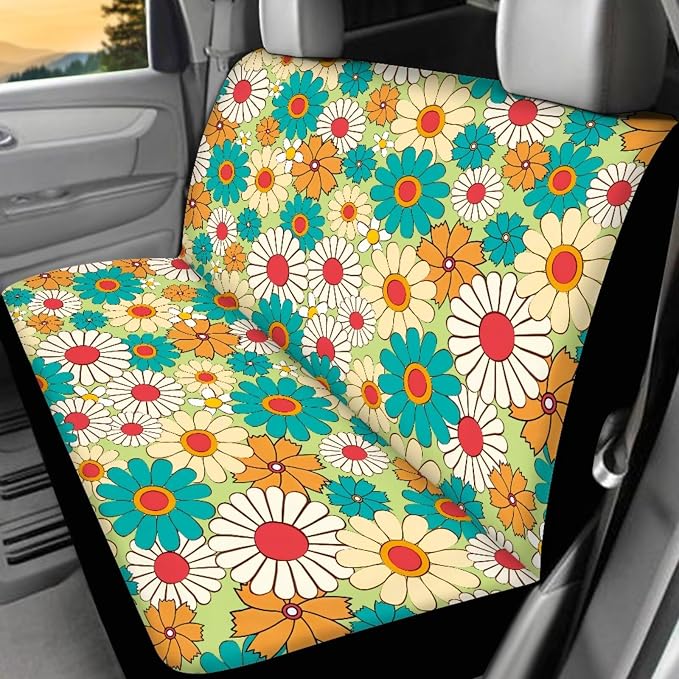 Colorful Daisy Car Accessories Set 17 Pack,Rose Car Seat Covers Full Set with Front and Rear,Car Floor Protector Pads,Steering Wheel Covers,Seat Belt Cover,Lipstick Holder Keychain