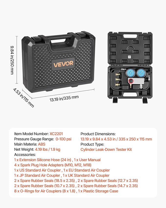 VEVOR Engine Cylinder Compression Tester Kit, Pressure Gauge Range of 0-100 PSI, Automotive Leak Down Tester Kit with 4 Adapters & Air Fittings, Pressure Check & Leakage Rate Test on Cars, Motorcycles